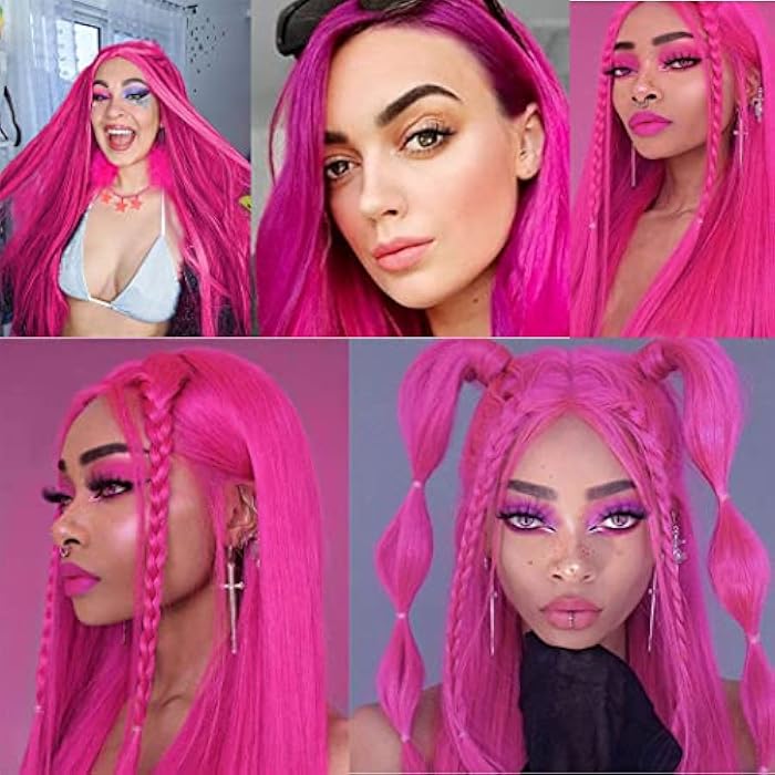 DILLARDS Tantako Long Hot Pink Red Wig With Small Deep Middle Part Lace Straight Pink Red Lace Front Wig (378 Hot Pink) - Image 4